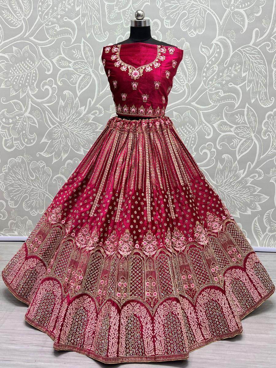 Incomparable Pink Diamond Work Velvet Bridal Lehenga Choli With Dupatta - Zeel Clothing