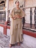 Incredible Beige Mirror Work Georgette Crop Top Sharara With Koti - Zeel Clothing