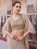 Incredible Beige Mirror Work Georgette Crop Top Sharara With Koti - Zeel Clothing
