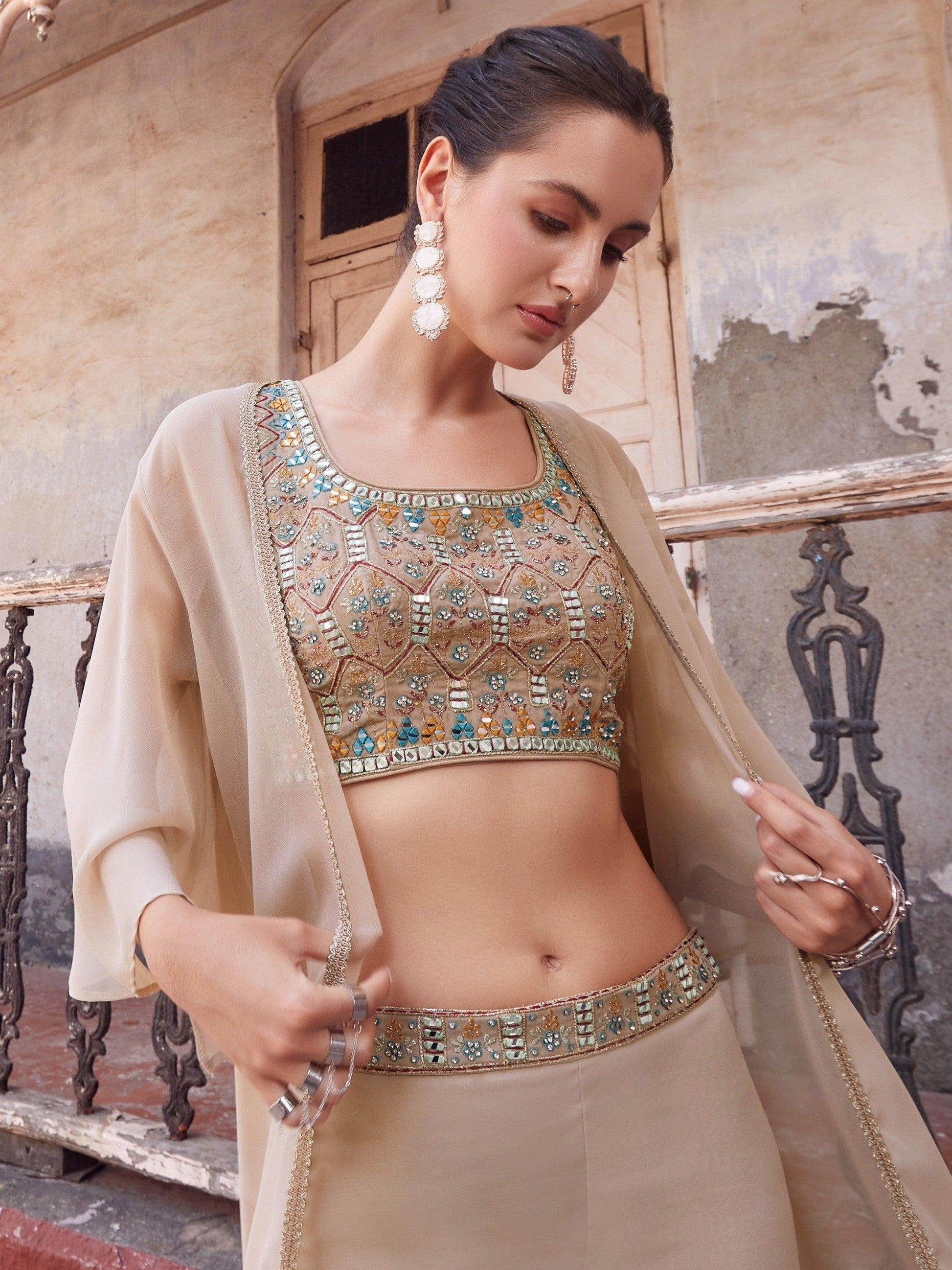 Incredible Beige Mirror Work Georgette Crop Top Sharara With Koti - Zeel Clothing