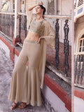 Incredible Beige Mirror Work Georgette Crop Top Sharara With Koti - Zeel Clothing