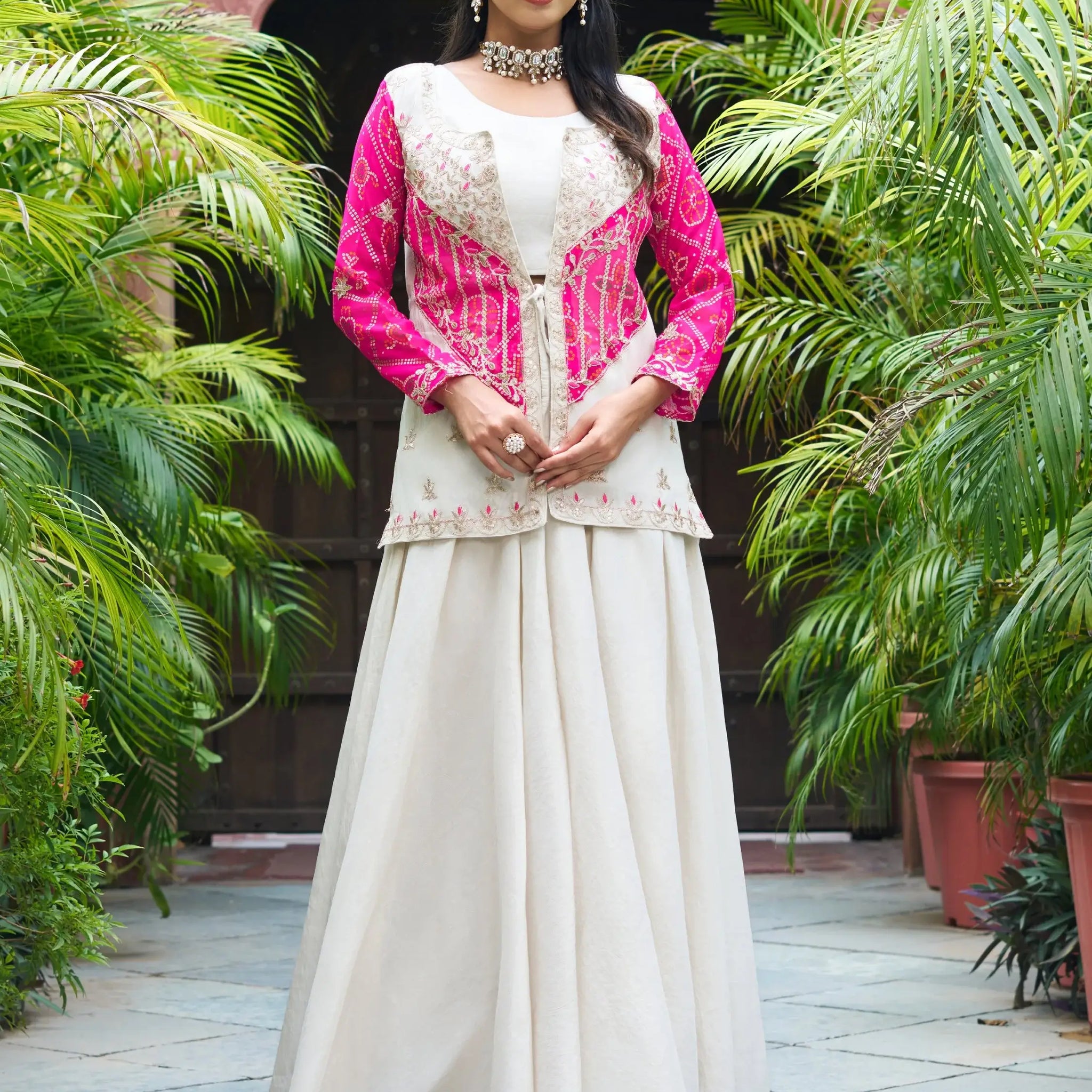 Incredible Beige Organza Wedding Wear Palazzo Suit With Thread Work Jacket - Zeel Clothing