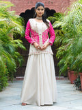 Incredible Beige Organza Wedding Wear Palazzo Suit With Thread Work Jacket - Zeel Clothing