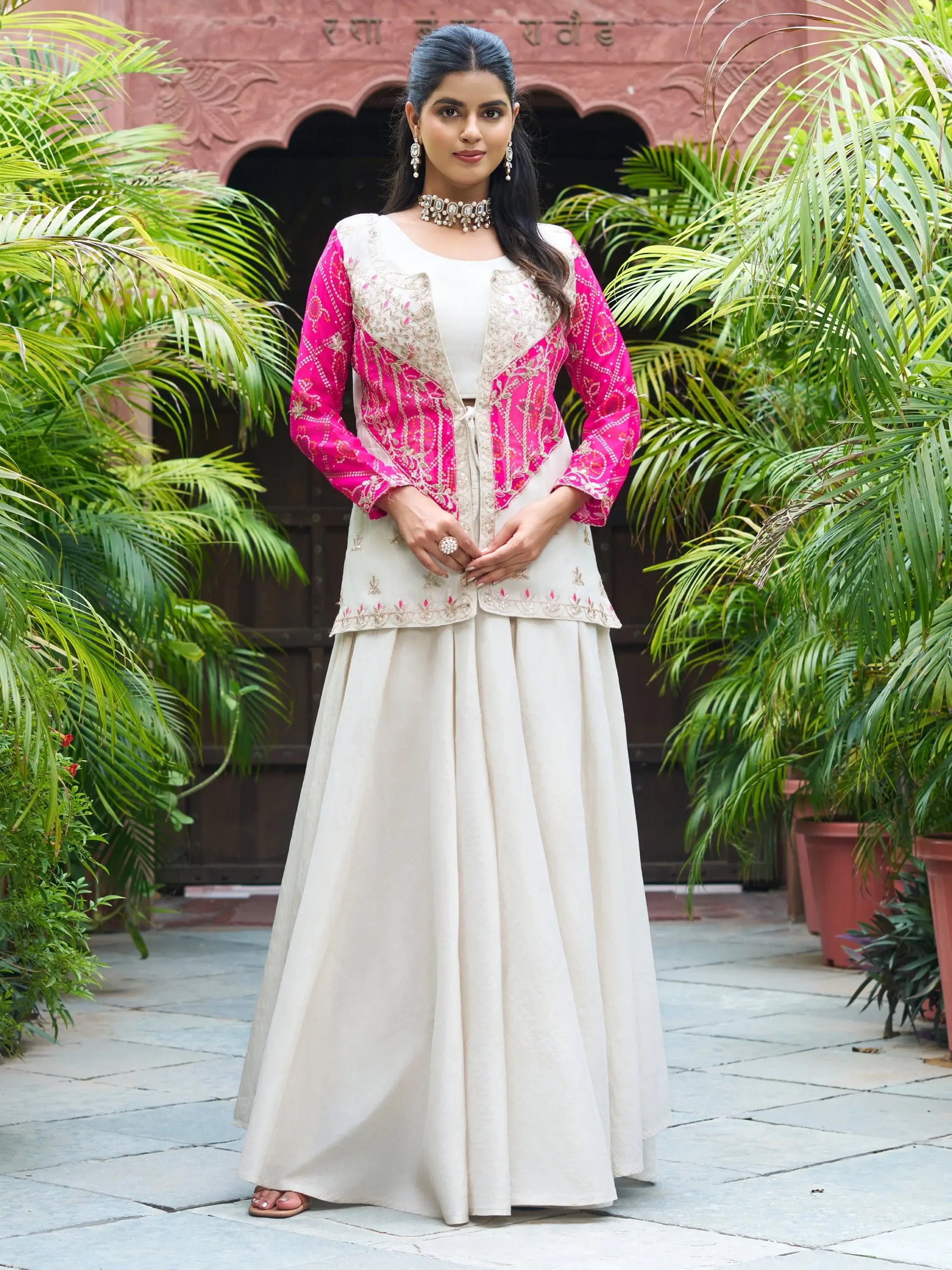 Incredible Beige Organza Wedding Wear Palazzo Suit With Thread Work Jacket - Zeel Clothing