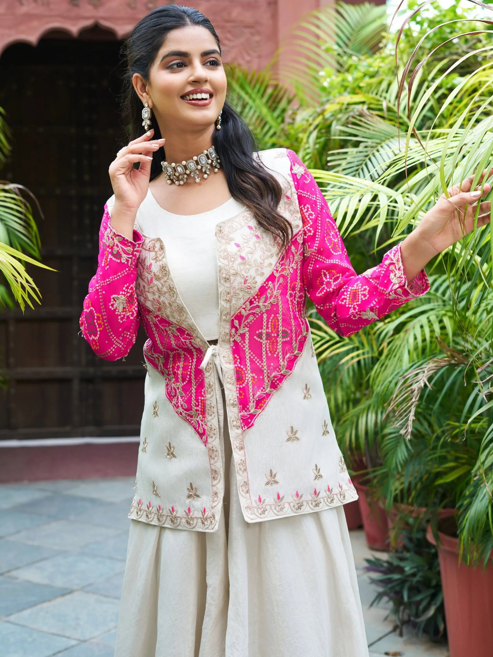 Incredible Beige Organza Wedding Wear Palazzo Suit With Thread Work Jacket - Zeel Clothing