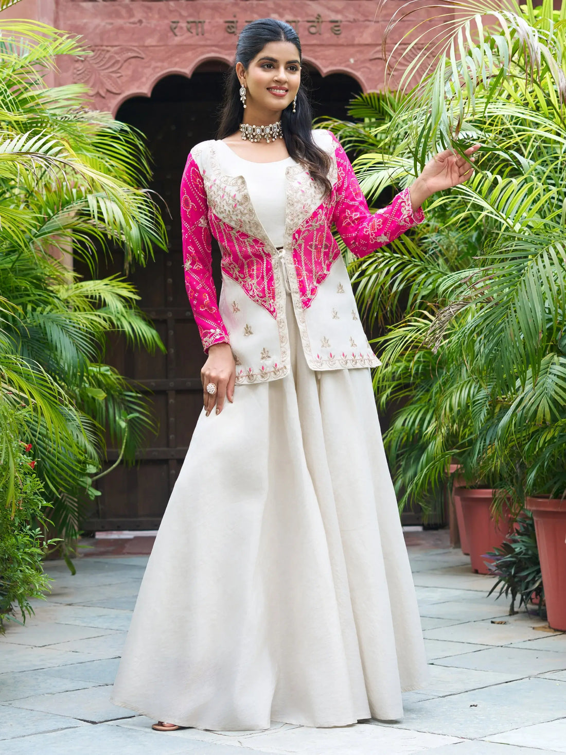 Incredible Beige Organza Wedding Wear Palazzo Suit With Thread Work Jacket - Zeel Clothing
