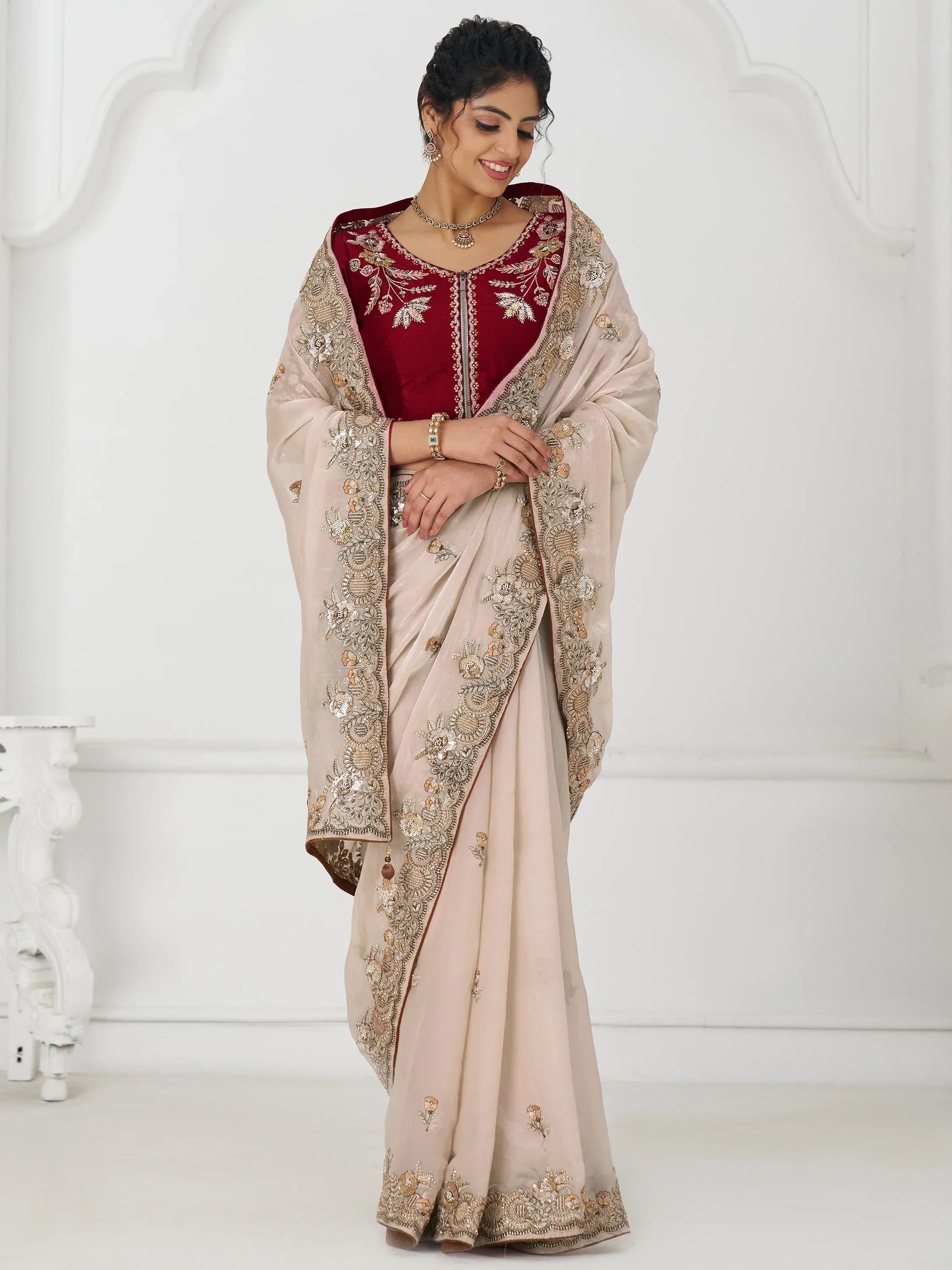Incredible Beige Thread Work Silk Engagement Wear Saree With Blouse - Zeel Clothing