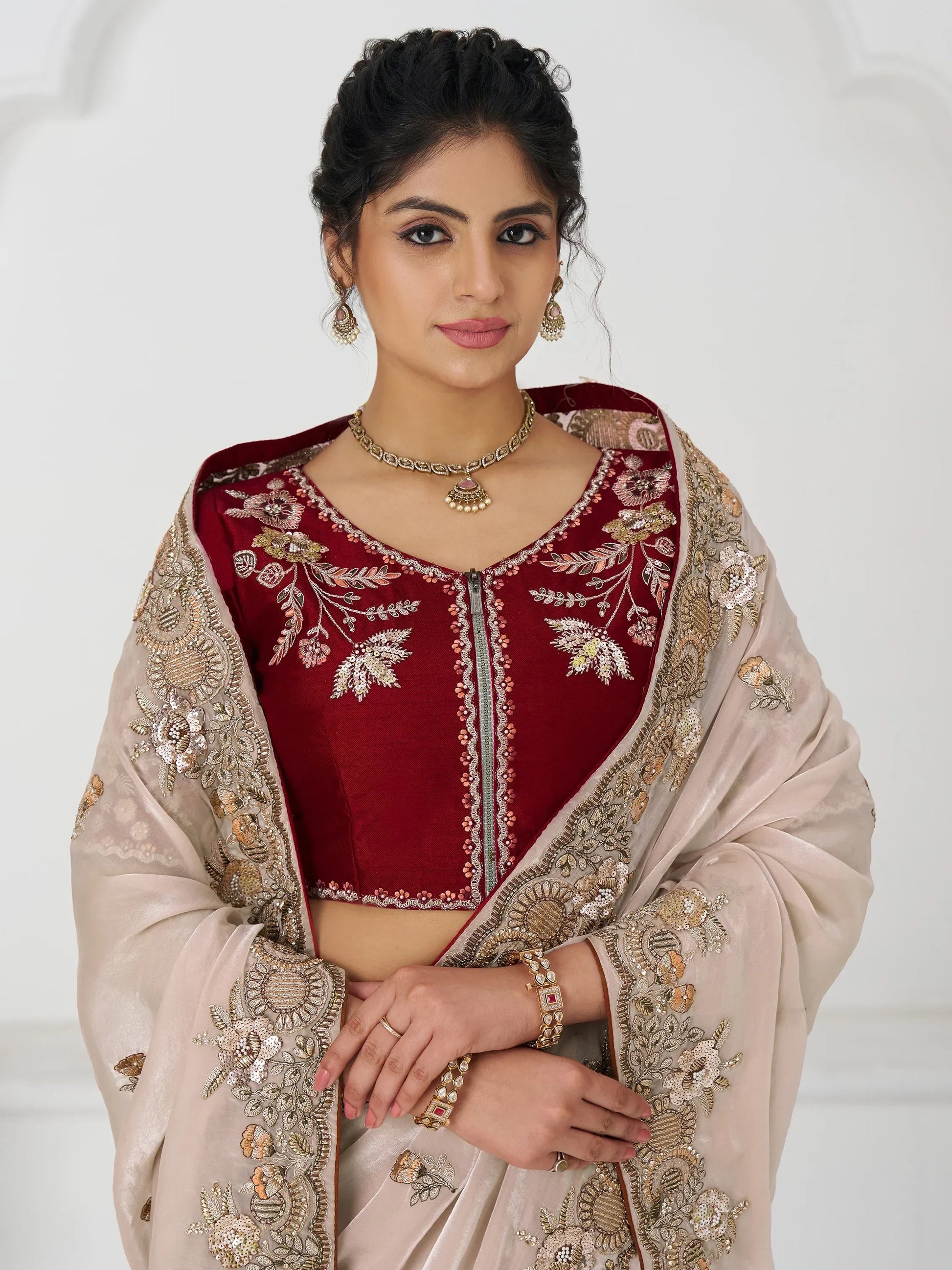Incredible Beige Thread Work Silk Engagement Wear Saree With Blouse - Zeel Clothing
