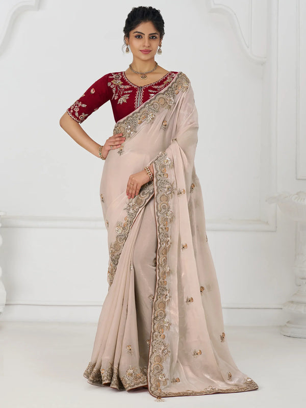 Incredible Beige Thread Work Silk Engagement Wear Saree With Blouse - Zeel Clothing