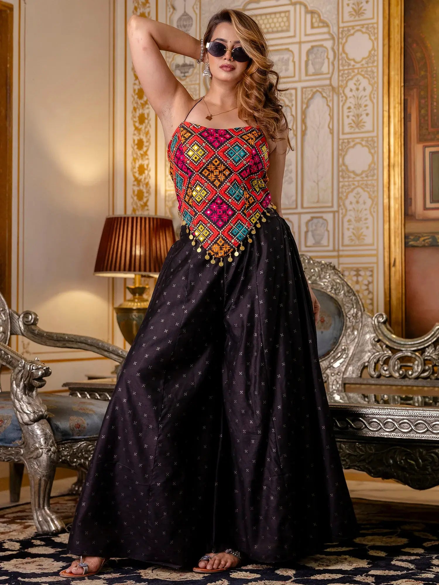 Incredible Black Embroidered Silk Navratri Wear Co-Ord Set - Zeel Clothing