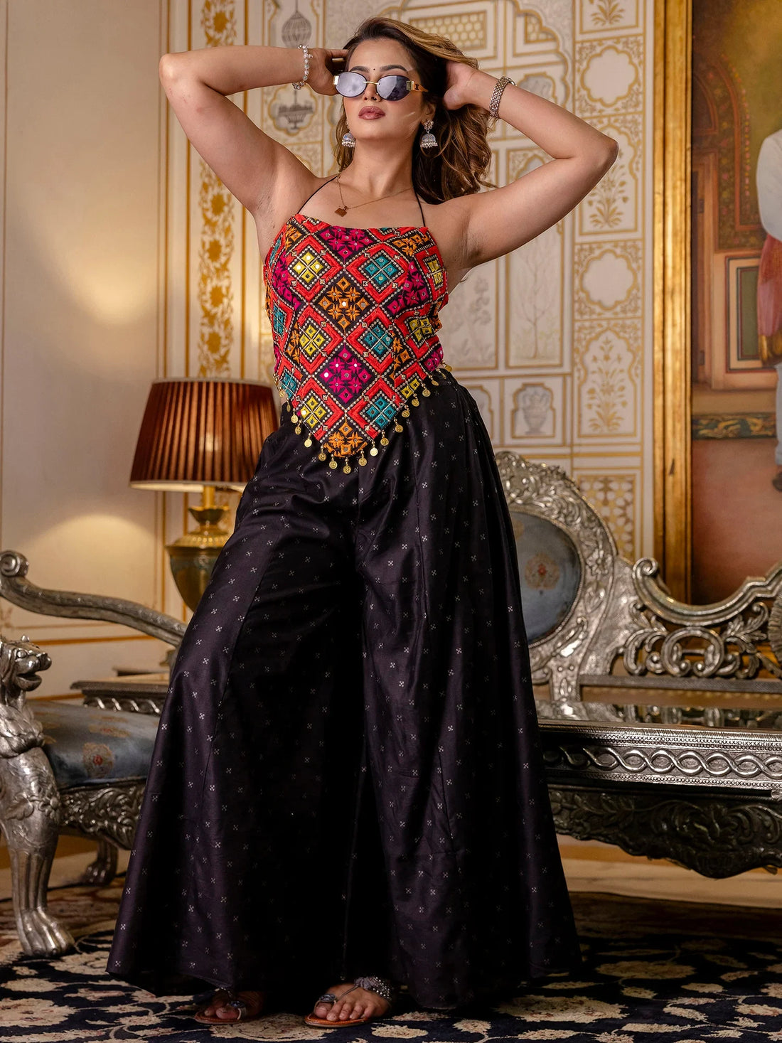 Incredible Black Embroidered Silk Navratri Wear Co-Ord Set - Zeel Clothing