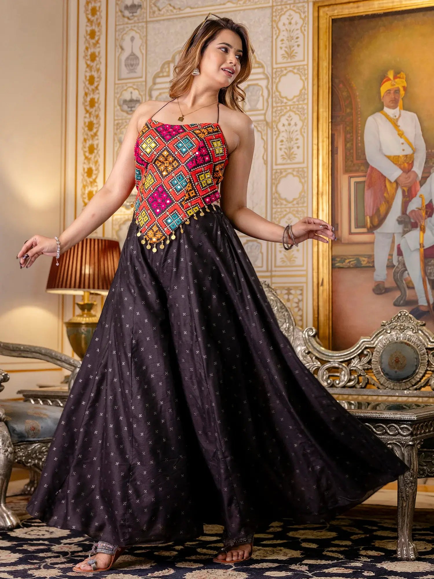 Incredible Black Embroidered Silk Navratri Wear Co-Ord Set - Zeel Clothing