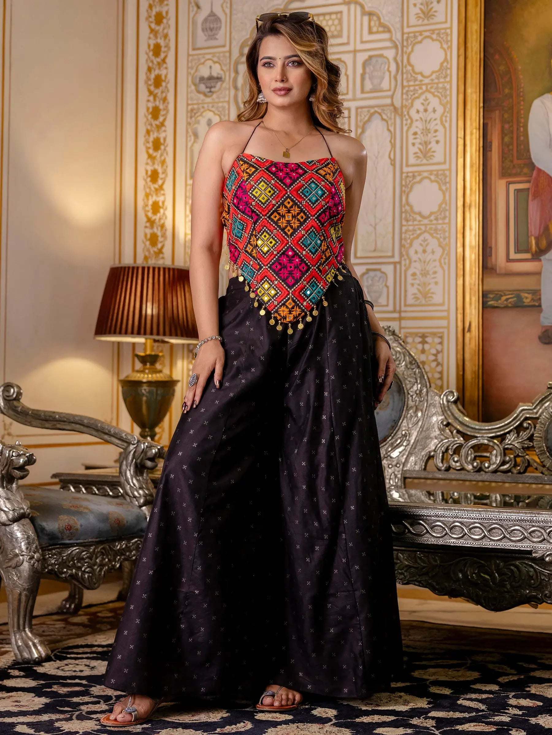 Incredible Black Embroidered Silk Navratri Wear Co-Ord Set - Zeel Clothing