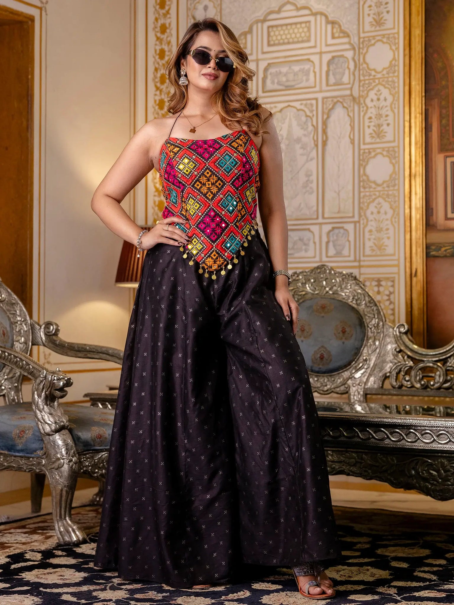 Incredible Black Embroidered Silk Navratri Wear Co-Ord Set - Zeel Clothing