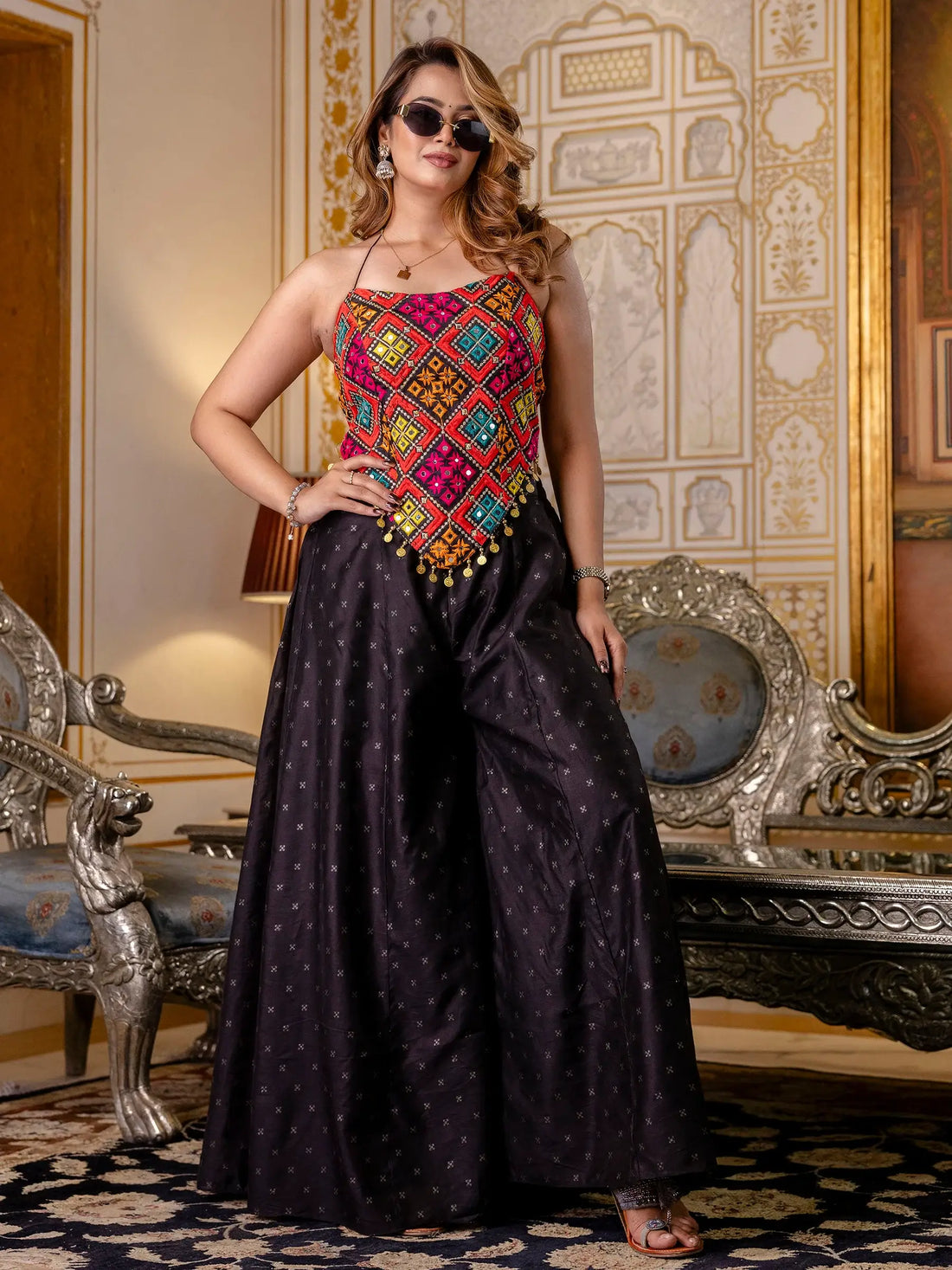 Incredible Black Embroidered Silk Navratri Wear Co-Ord Set - Zeel Clothing