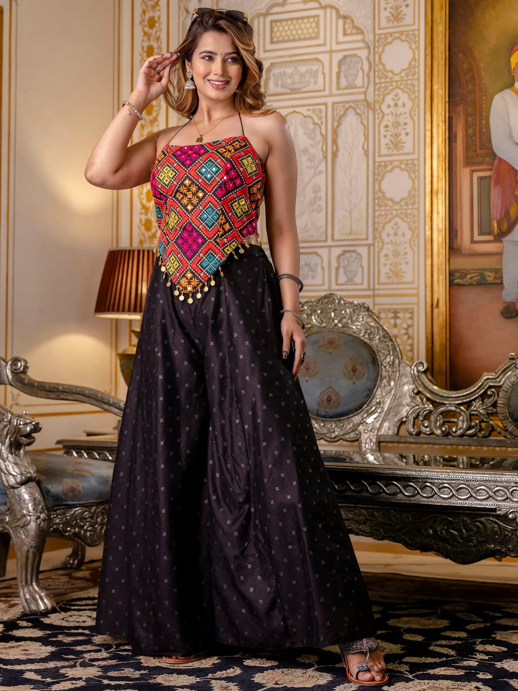 Incredible Black Embroidered Silk Navratri Wear Co-Ord Set - Zeel Clothing