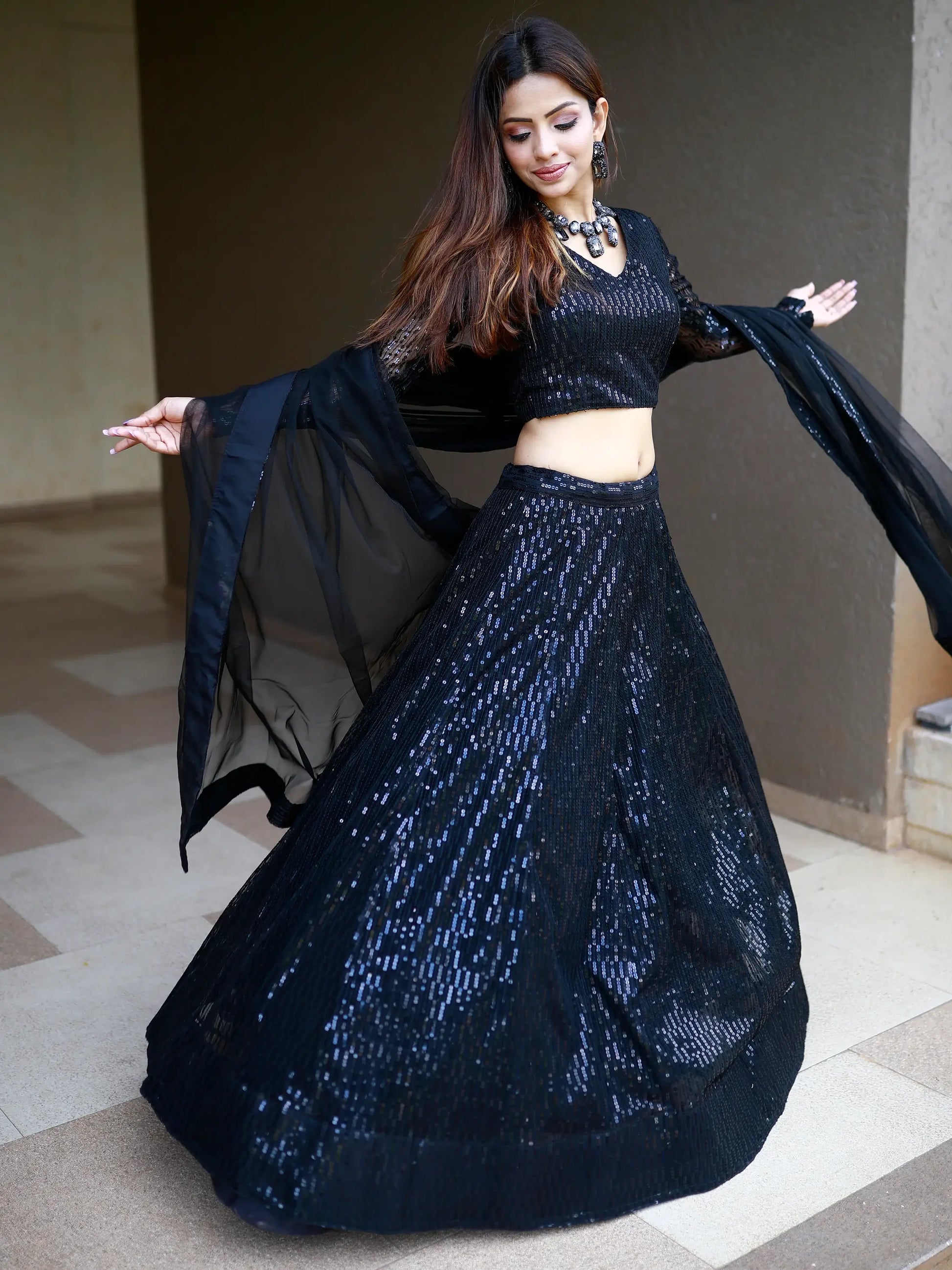 Incredible Black Sequins Net Reception Wear Lehenga Choli With Dupatta - Zeel Clothing