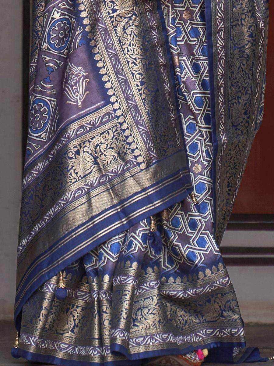 Incredible Blue Digital Print Silk Wedding Wear Saree With Blouse - Zeel Clothing