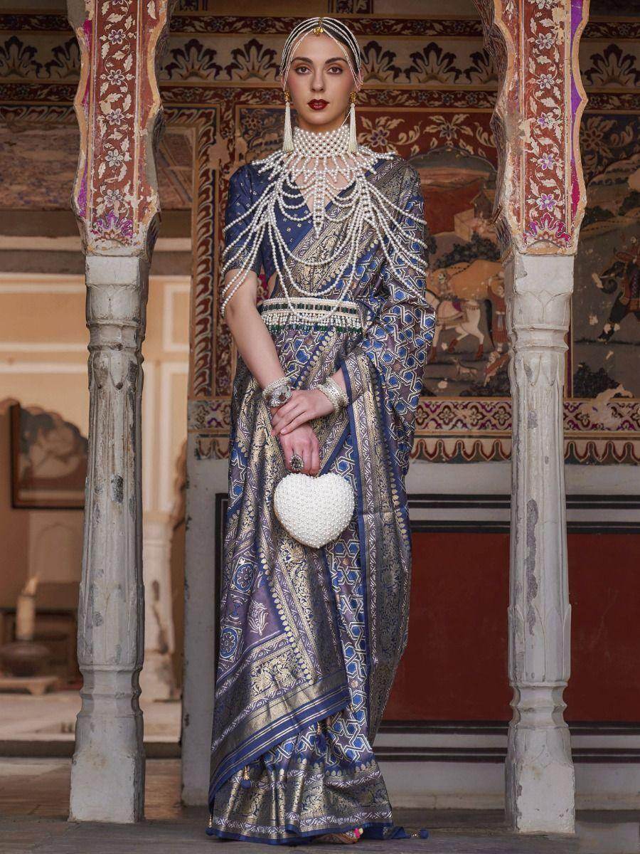 Incredible Blue Digital Print Silk Wedding Wear Saree With Blouse - Zeel Clothing