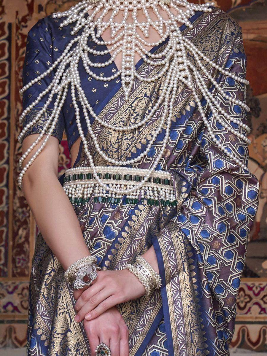 Incredible Blue Digital Print Silk Wedding Wear Saree With Blouse - Zeel Clothing