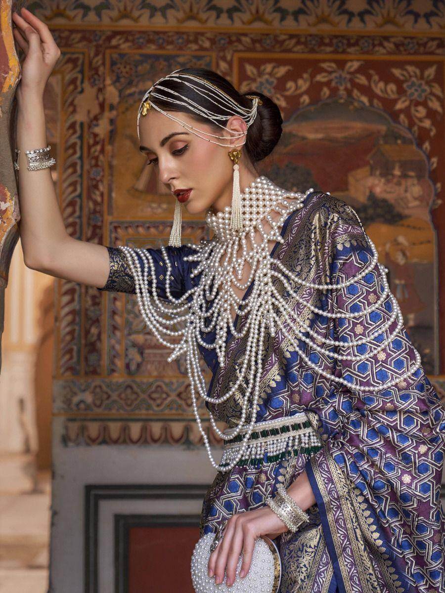 Incredible Blue Digital Print Silk Wedding Wear Saree With Blouse - Zeel Clothing