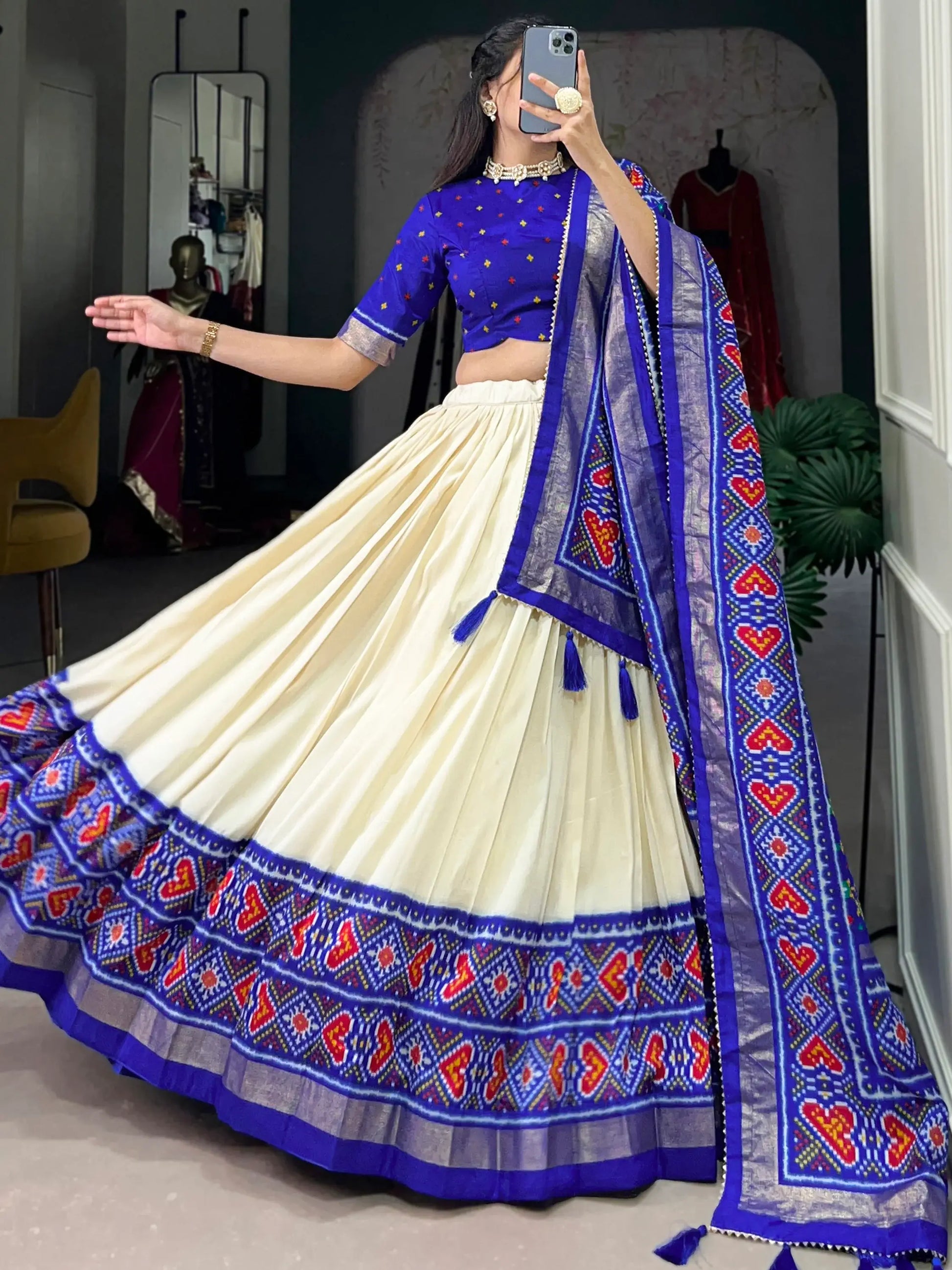 Incredible Blue Patola Printed Tussar Silk Lehenga Choli With Dupatta - Zeel Clothing