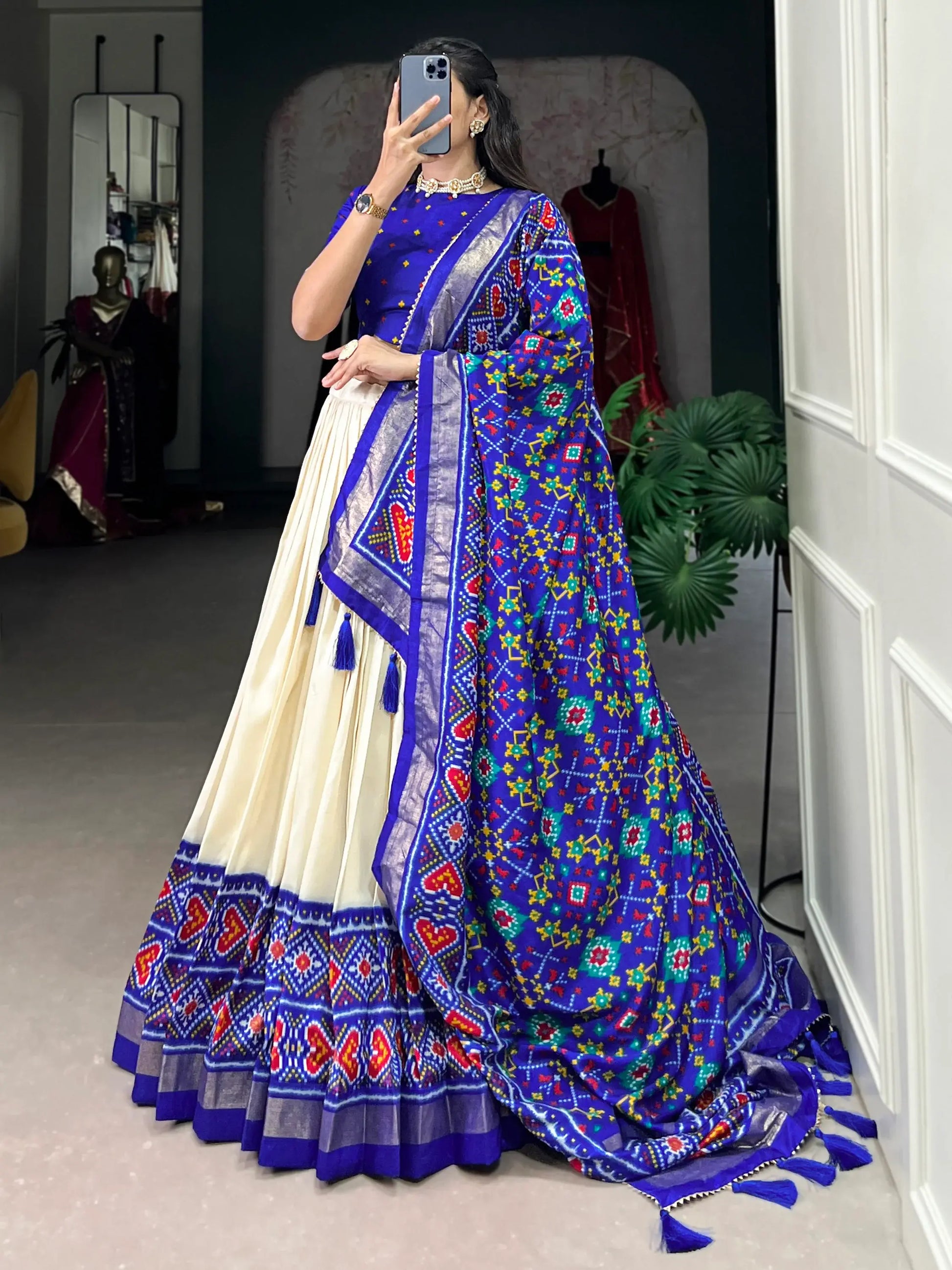 Incredible Blue Patola Printed Tussar Silk Lehenga Choli With Dupatta - Zeel Clothing