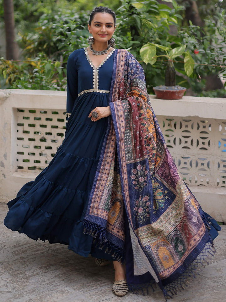 Incredible Blue Roman Silk Festive Wear Gown With Printed Dupatta