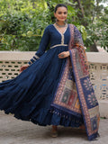 Incredible Blue Roman Silk Festive Wear Gown With Printed Dupatta