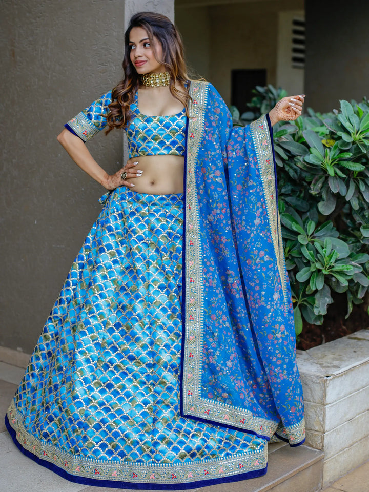 Incredible Blue Sequins Work Art Silk Sangeet Wear Lehenga Choli - Zeel Clothing