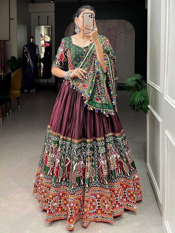 Incredible Brown Gamthi Work Dola Silk Lehenga Choli