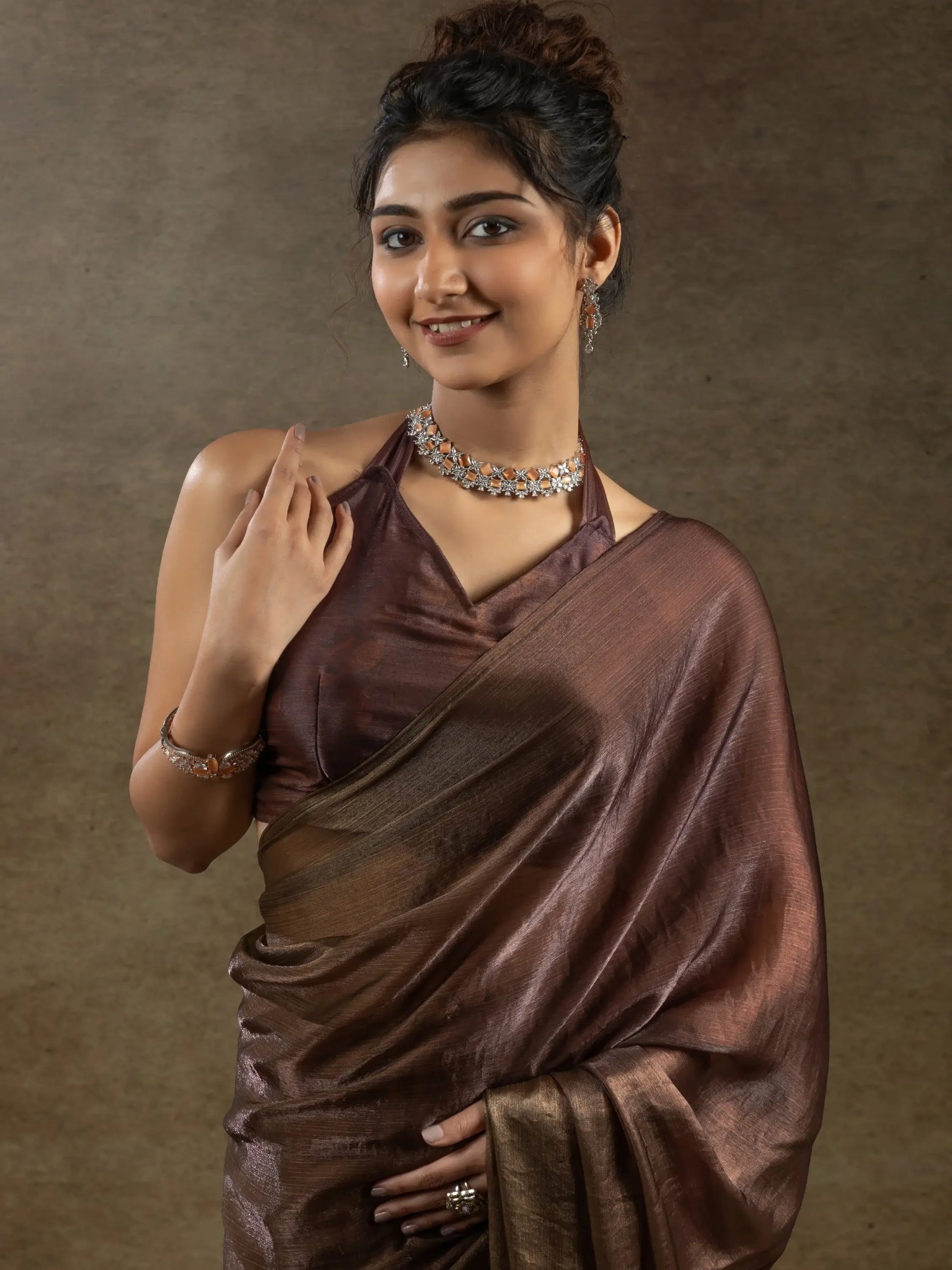 Incredible Brown Satin Event Wear Pre-Stitched Saree With Blouse - Zeel Clothing
