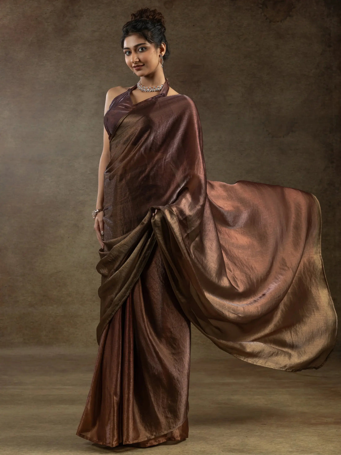 Incredible Brown Satin Event Wear Pre-Stitched Saree With Blouse - Zeel Clothing