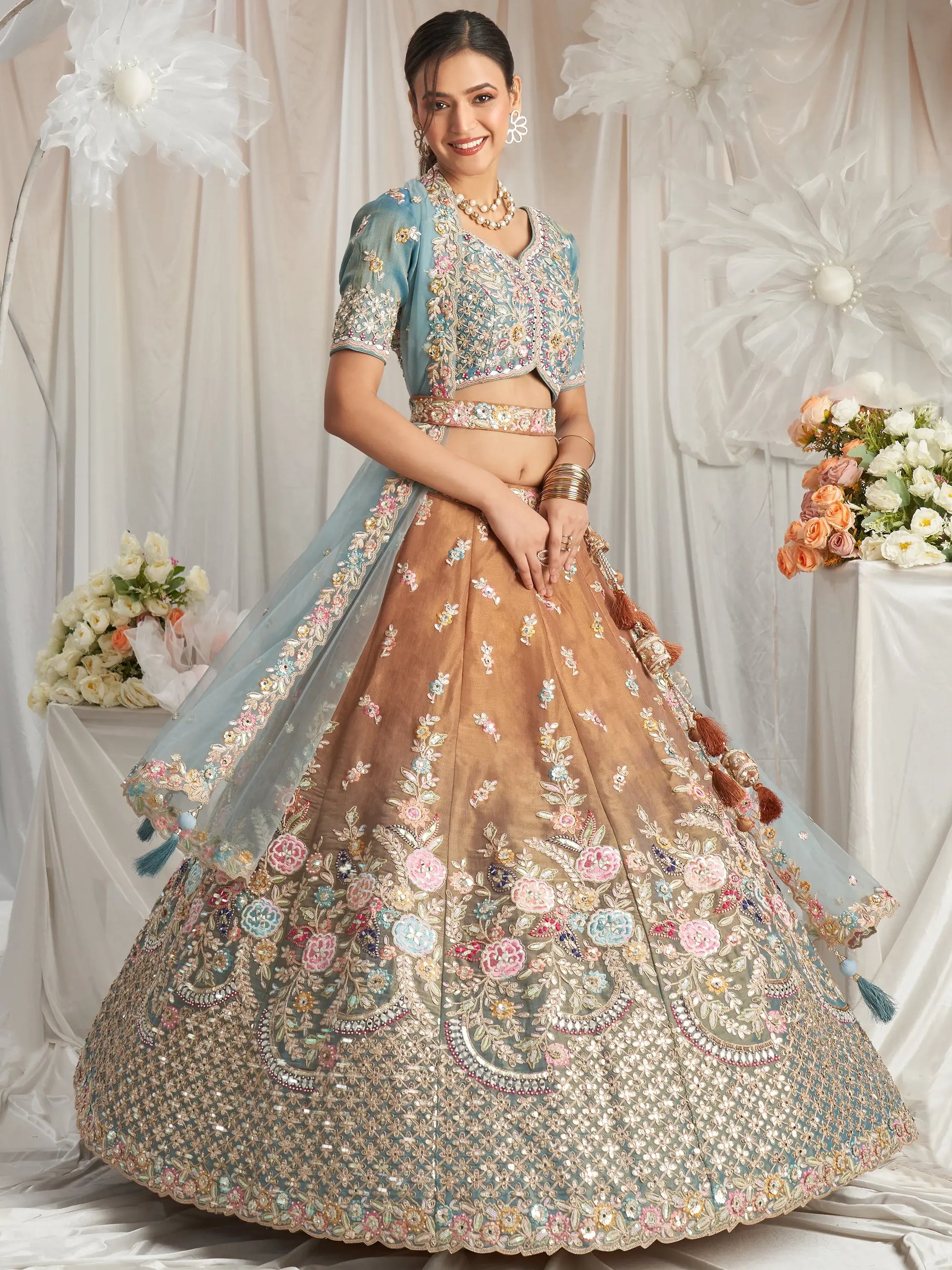 Incredible Brown Sequins Tissue Silk Reception Wear Lehenga Choli - Zeel Clothing