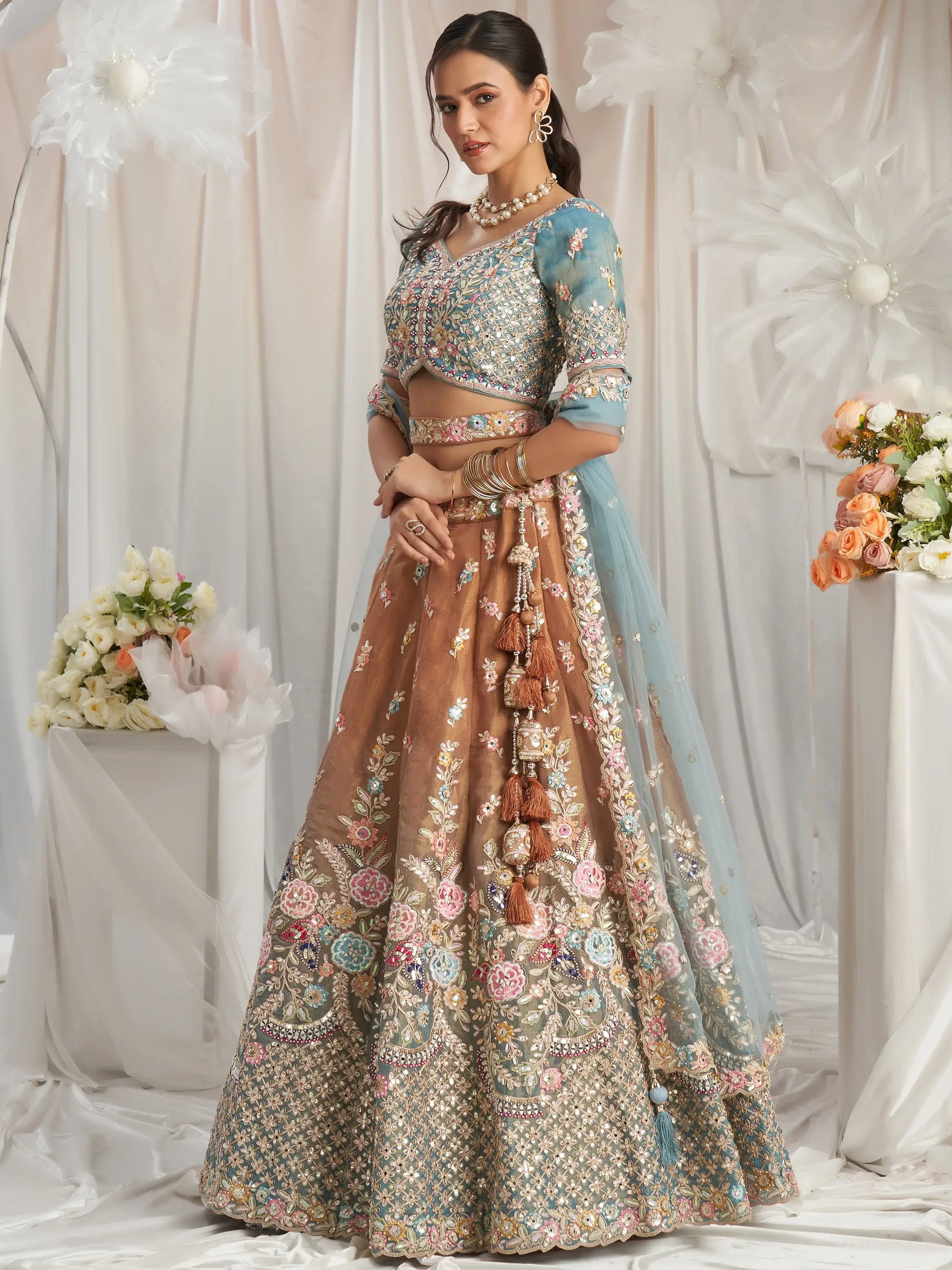 Incredible Brown Sequins Tissue Silk Reception Wear Lehenga Choli - Zeel Clothing