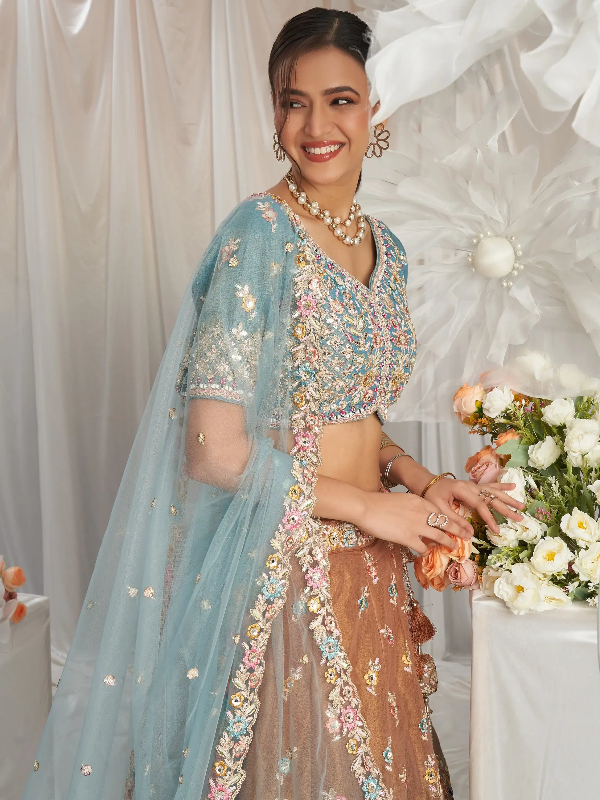 Incredible Brown Sequins Tissue Silk Reception Wear Lehenga Choli - Zeel Clothing
