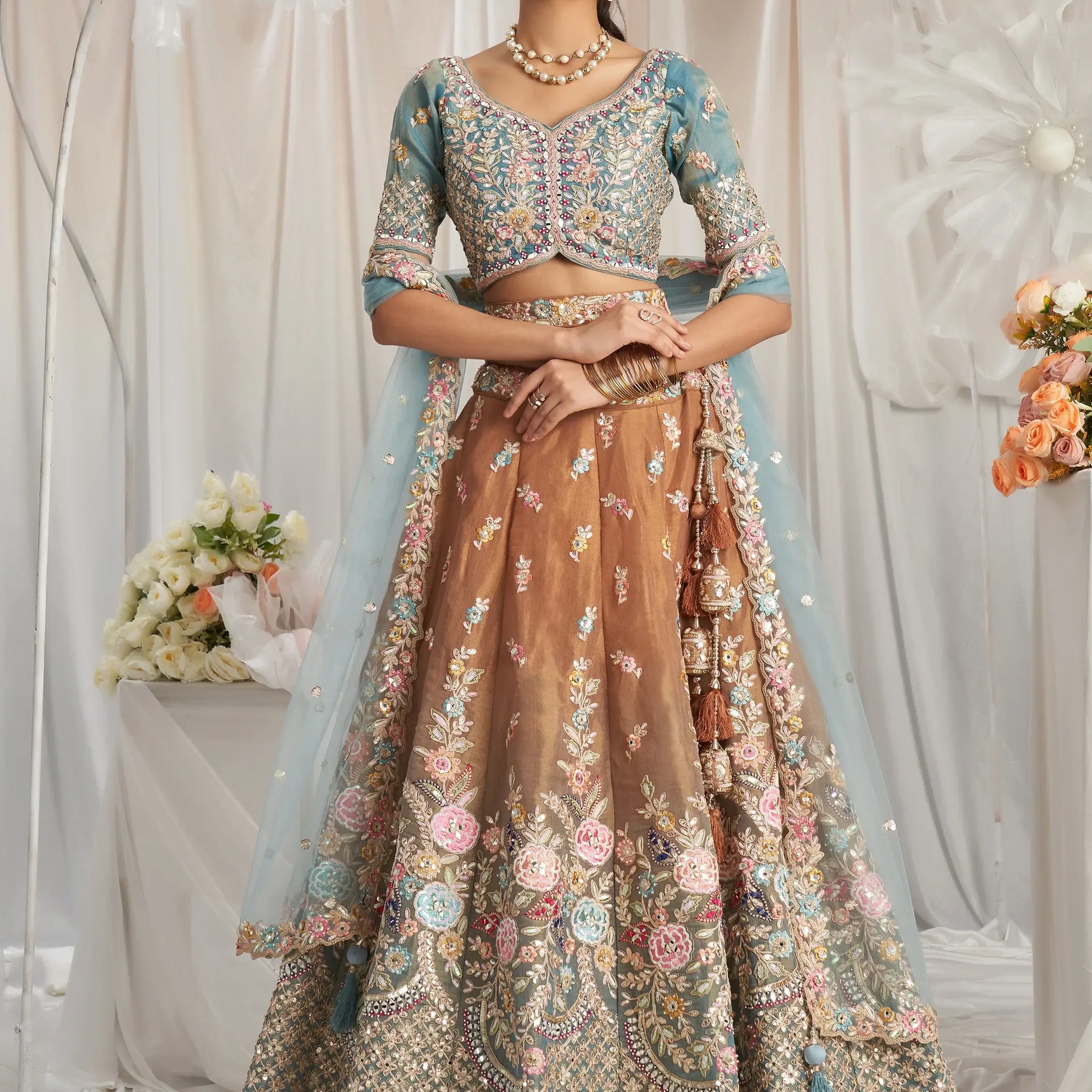 Incredible Brown Sequins Tissue Silk Reception Wear Lehenga Choli - Zeel Clothing