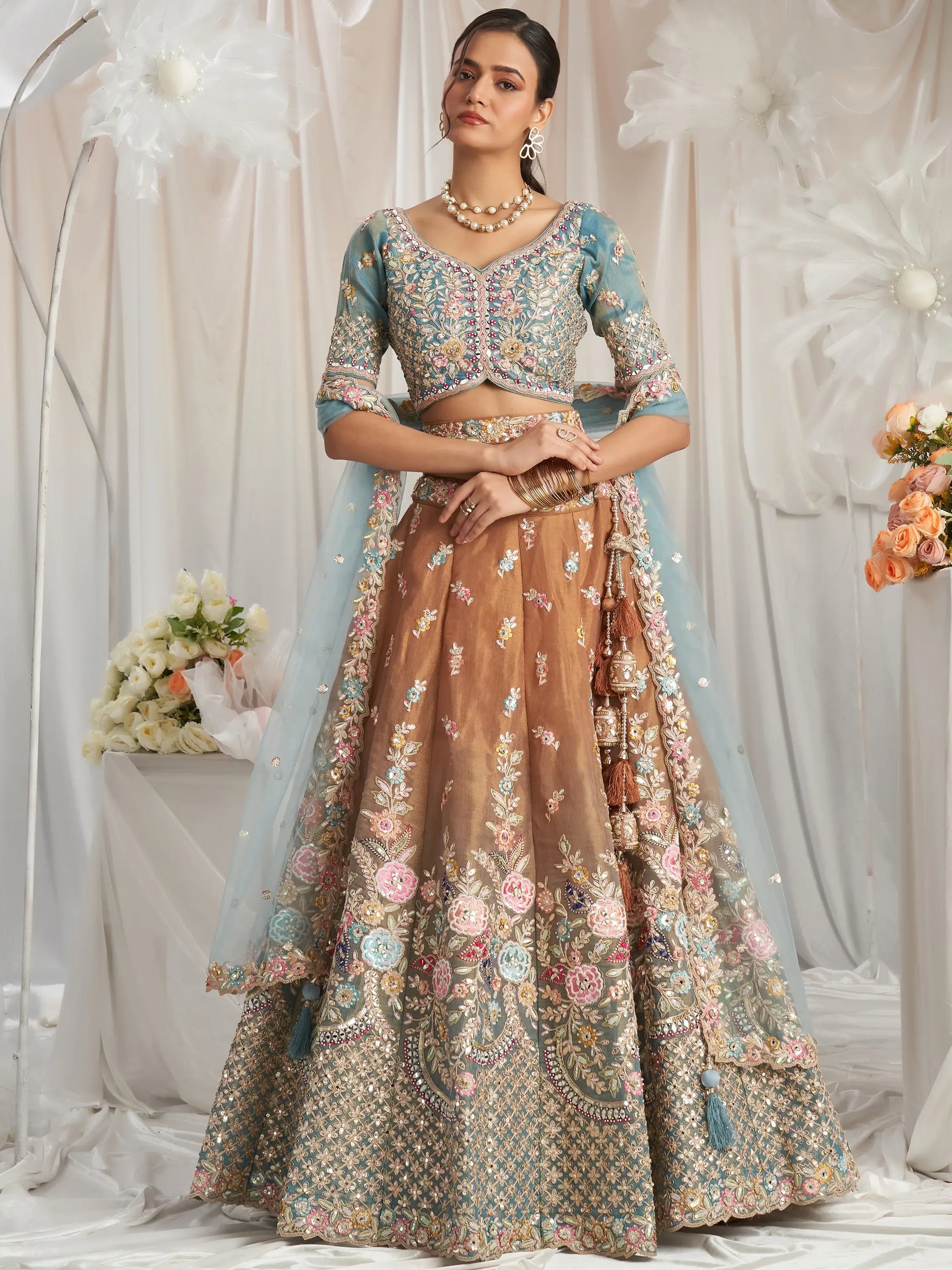 Incredible Brown Sequins Tissue Silk Reception Wear Lehenga Choli - Zeel Clothing