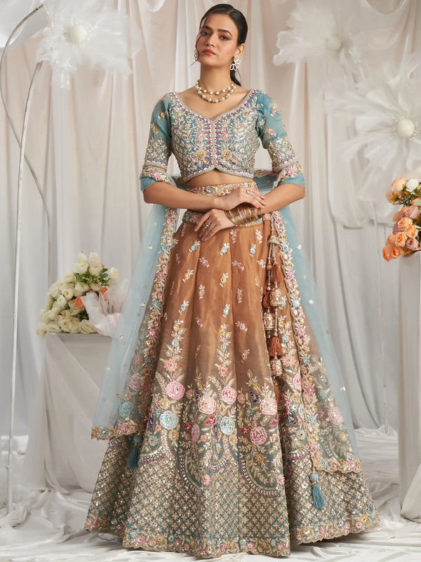 Incredible Brown Sequins Tissue Silk Reception Wear Lehenga Choli - Zeel Clothing