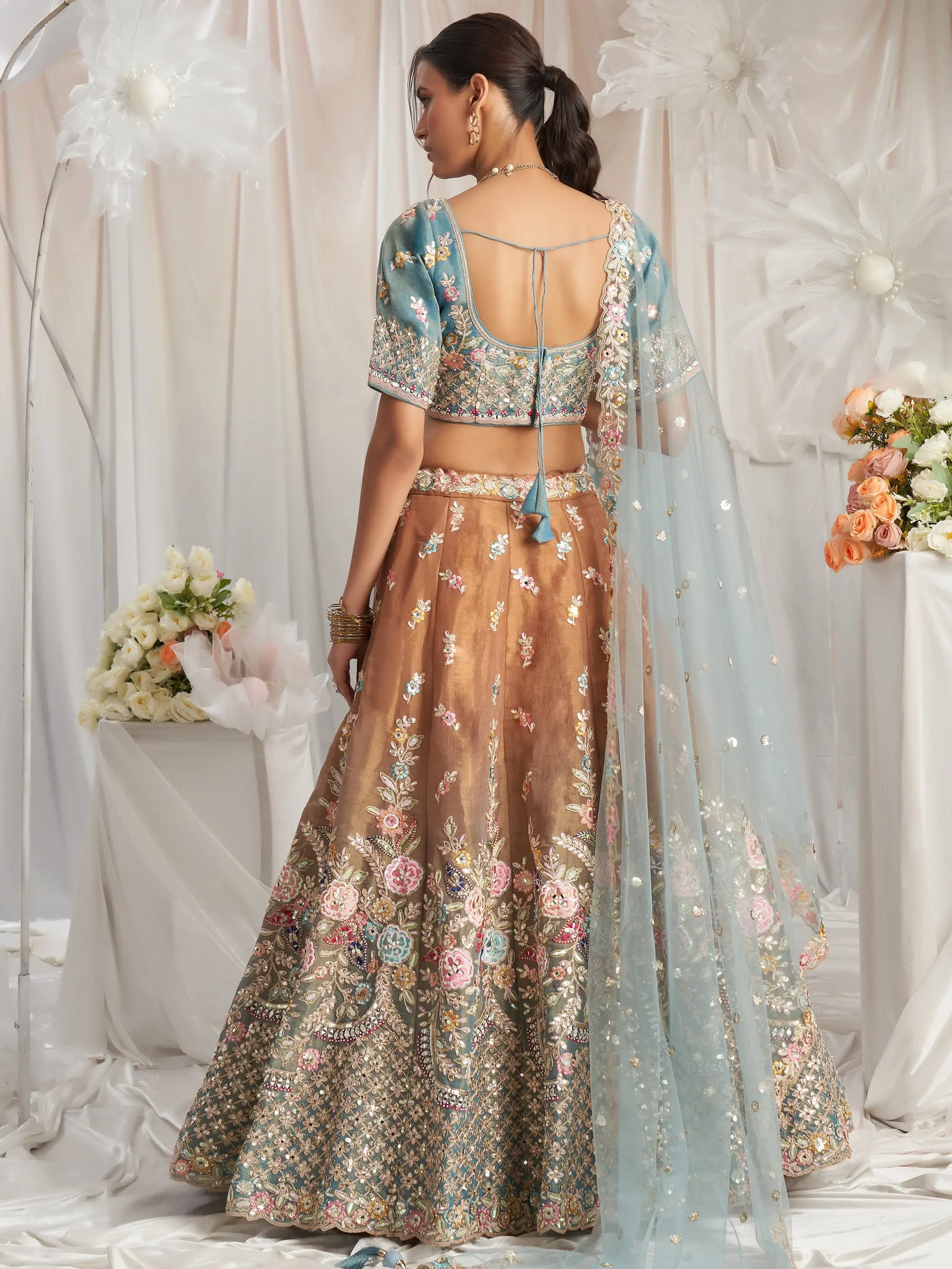 Incredible Brown Sequins Tissue Silk Reception Wear Lehenga Choli - Zeel Clothing