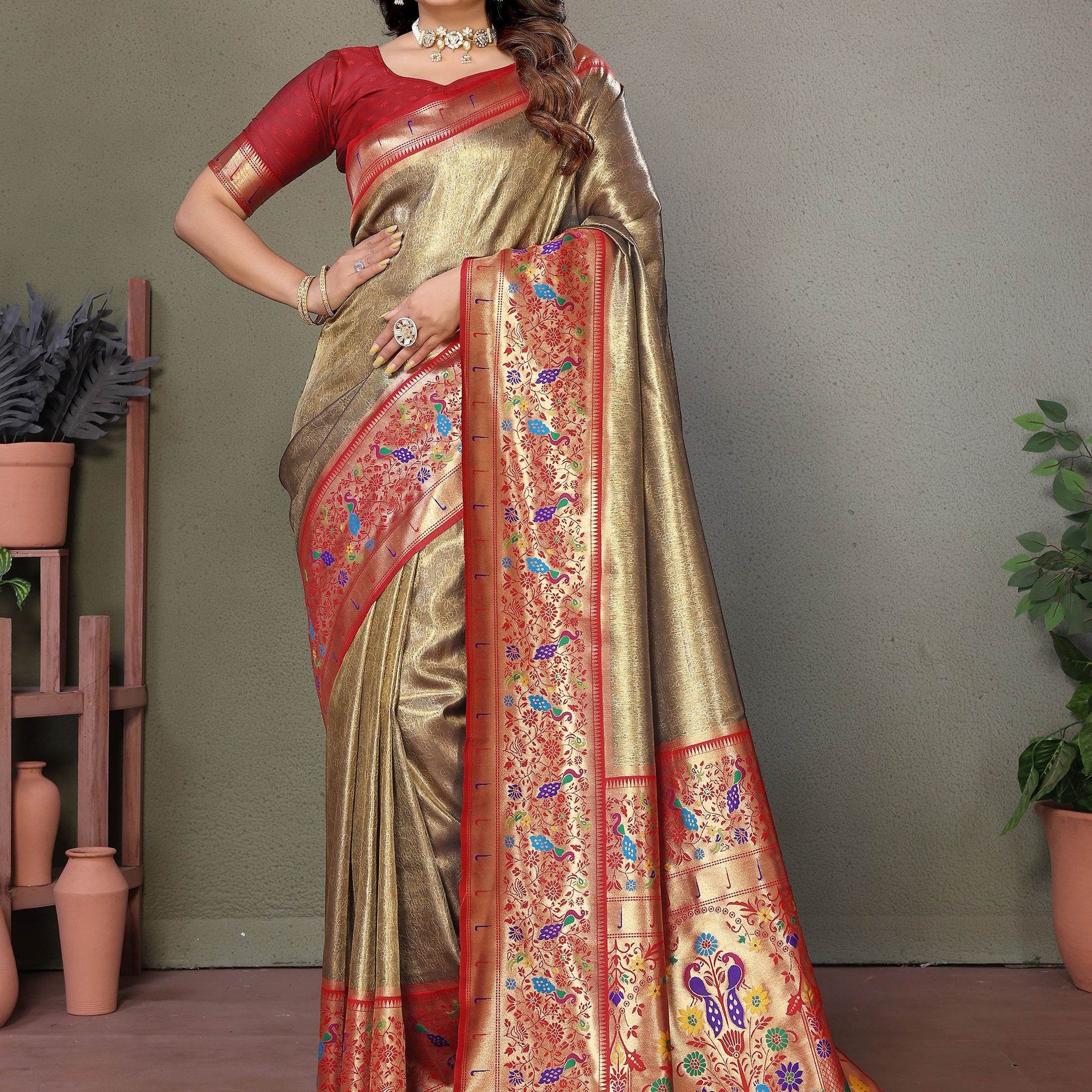 Incredible Brown Zari Weaving Banarasi Silk Festive Wear Saree - Zeel Clothing