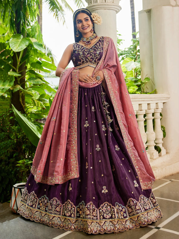 Incredible Burgundy Sequins Embroidered Tissue Lehenga Choli - Zeel Clothing