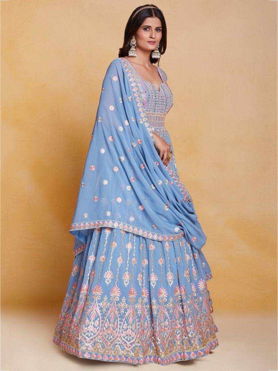 Incredible Coral Blue Sequins Georgette Gown With Dupatta - Zeel Clothing