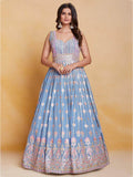 Incredible Coral Blue Sequins Georgette Gown With Dupatta - Zeel Clothing