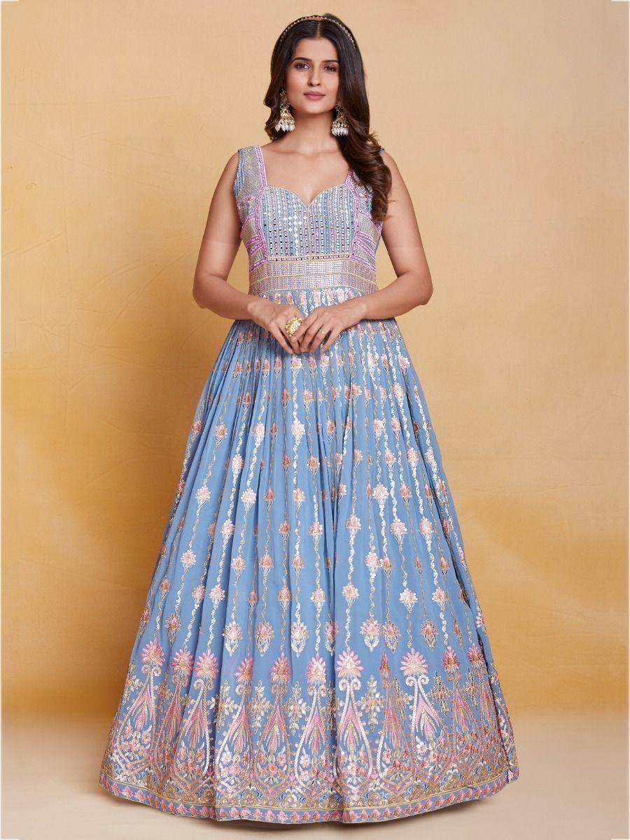 Incredible Coral Blue Sequins Georgette Gown With Dupatta - Zeel Clothing