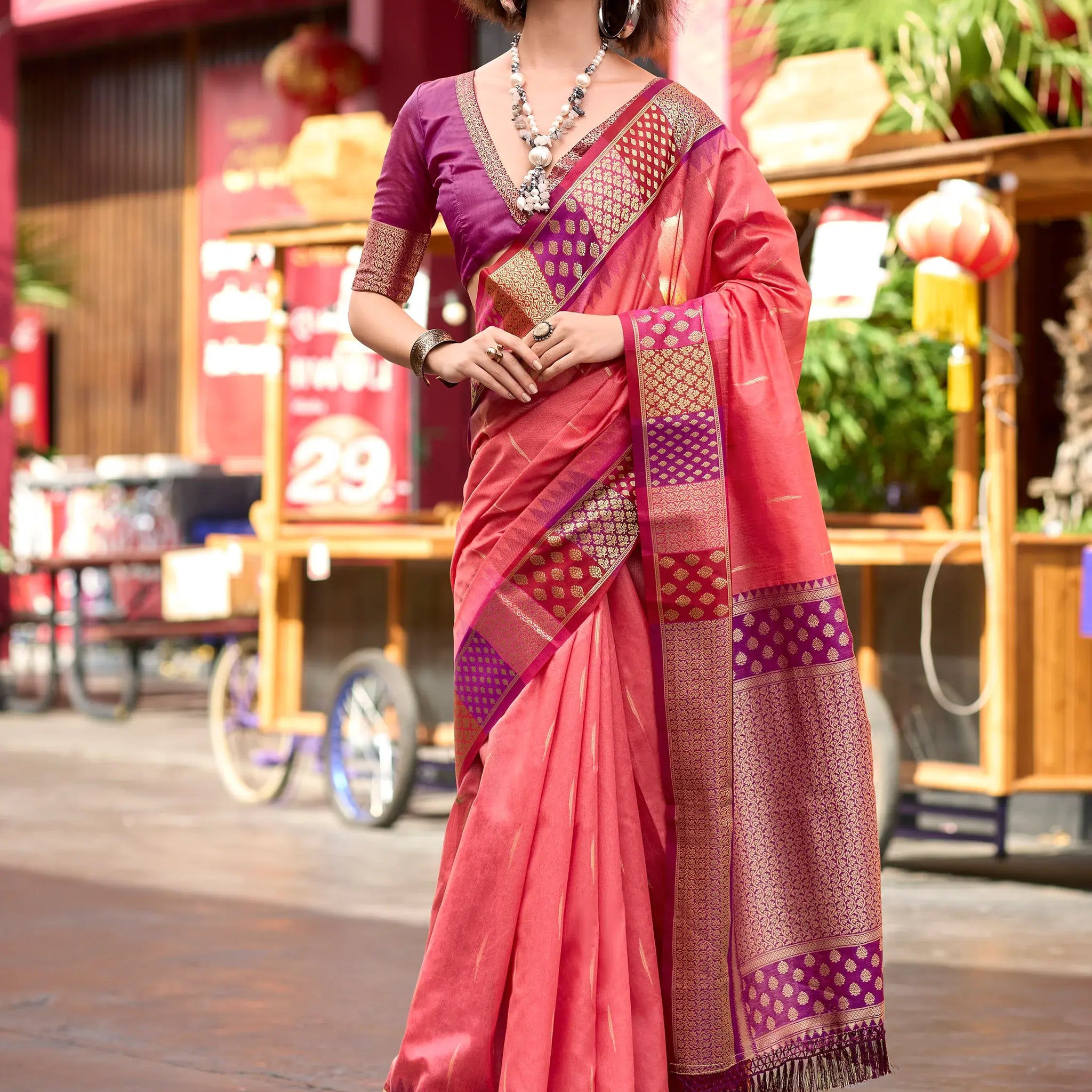 Incredible Coral Red Zari Weaving Banarasi Silk Event Wear Saree - Zeel Clothing
