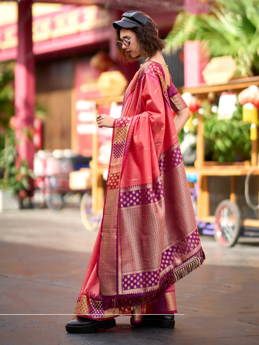 Incredible Coral Red Zari Weaving Banarasi Silk Event Wear Saree - Zeel Clothing