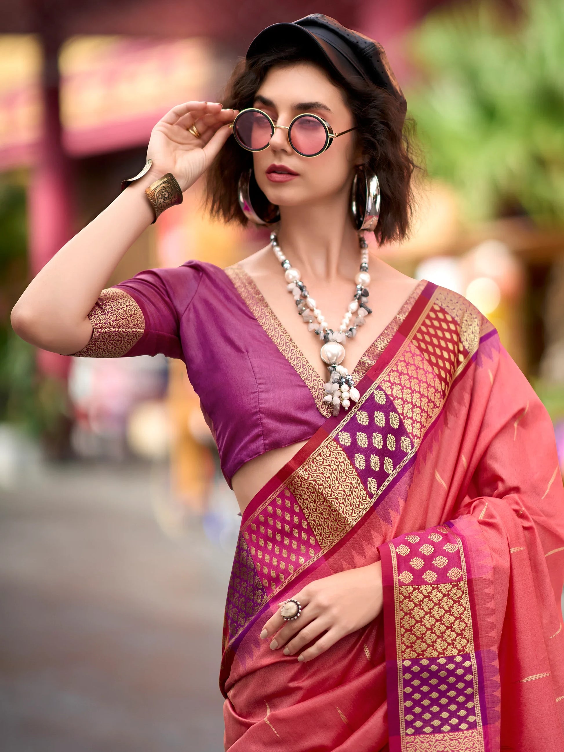 Incredible Coral Red Zari Weaving Banarasi Silk Event Wear Saree - Zeel Clothing