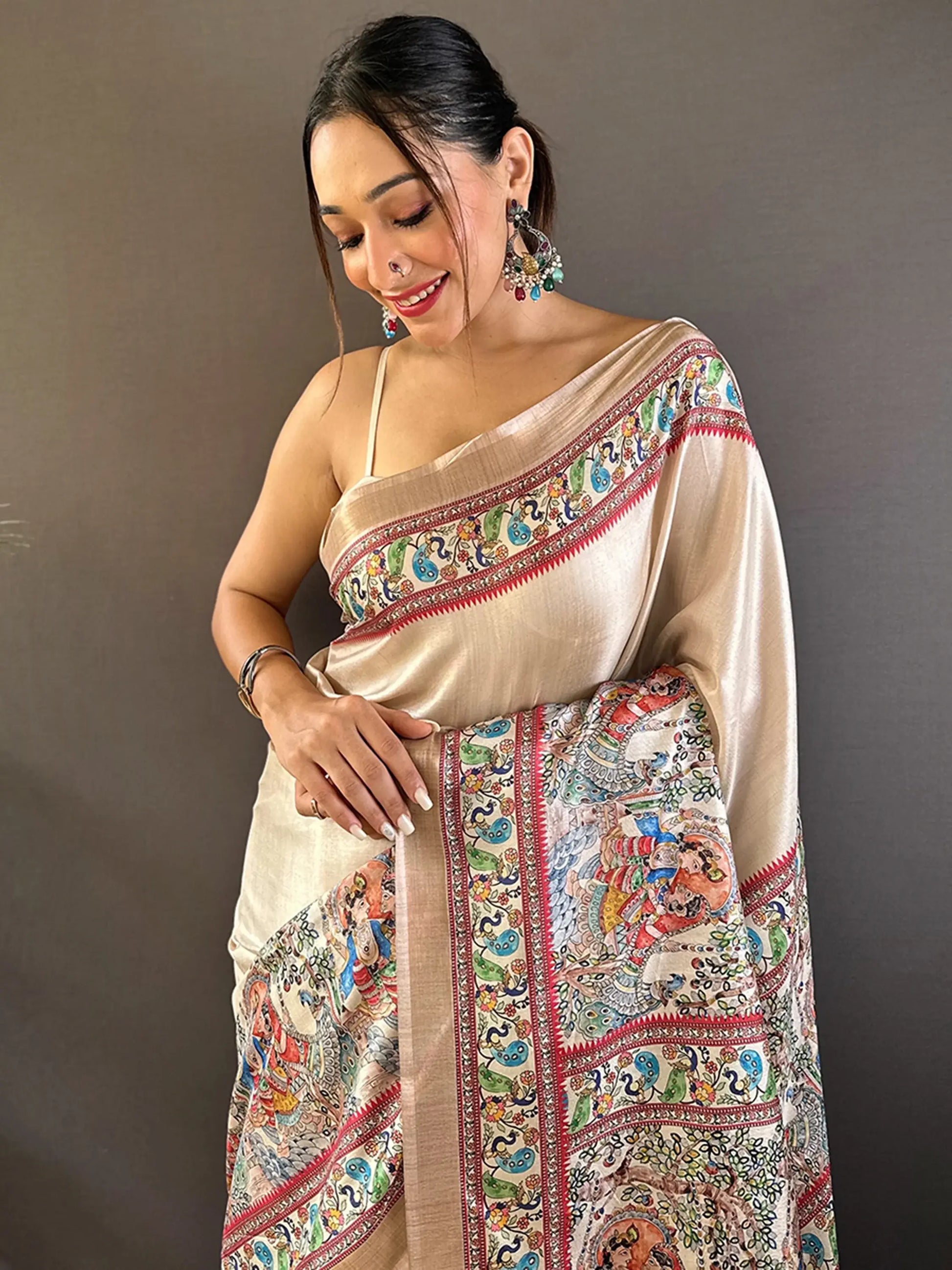 Incredible Cream Madhubani Print Silk Traditional Saree With Blouse - Zeel Clothing
