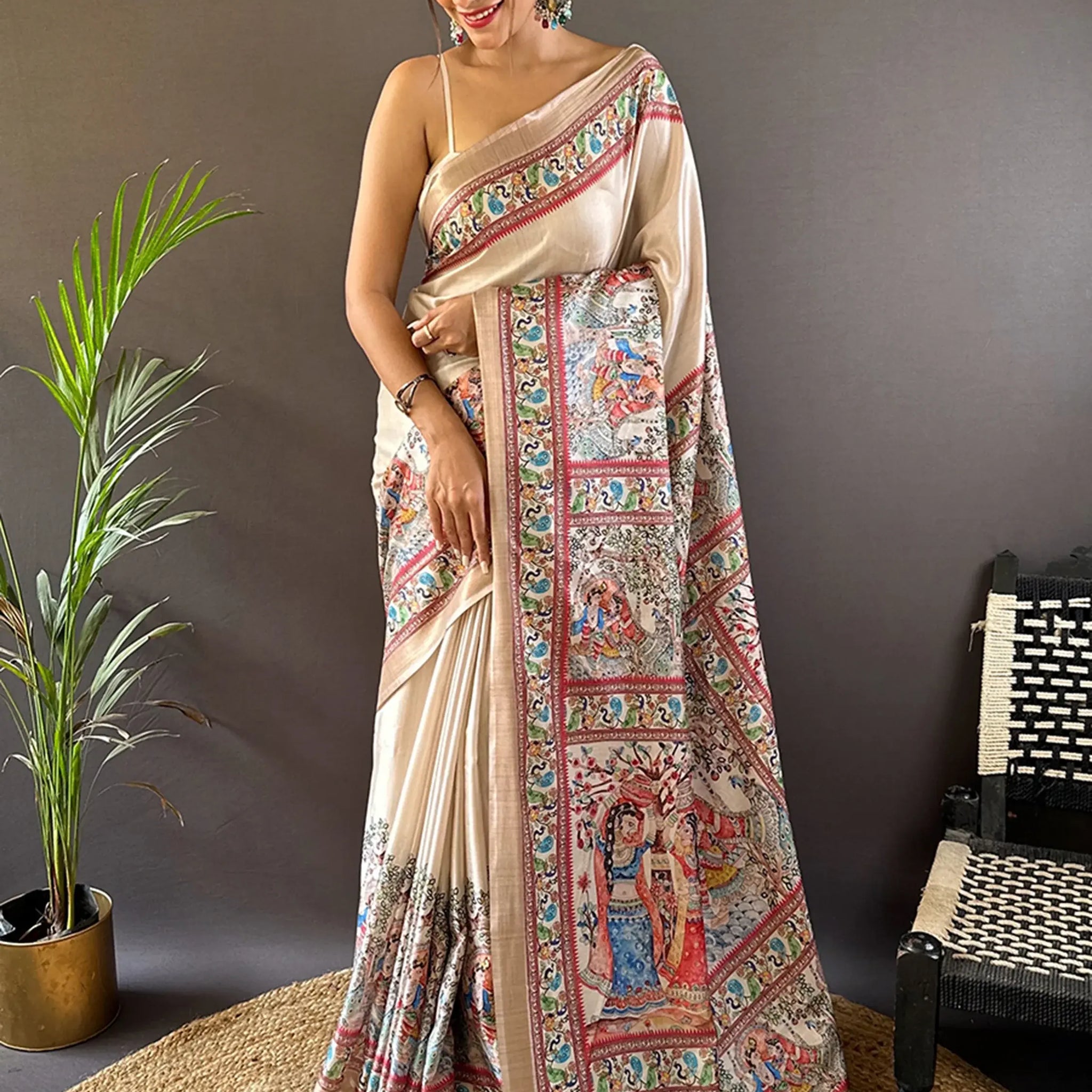 Incredible Cream Madhubani Print Silk Traditional Saree With Blouse - Zeel Clothing